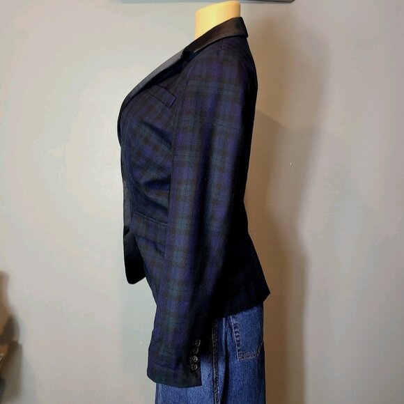 J CREW Plaid Regent Wool Blazer Womens Size 2 Satin Lapel Blue Green Academia - Picture 4 of 12